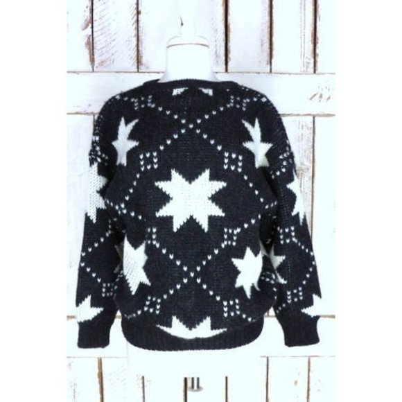 Vintage black grey white star holiday wool knit snow cabin pullover sweater - Picture 2 of 7